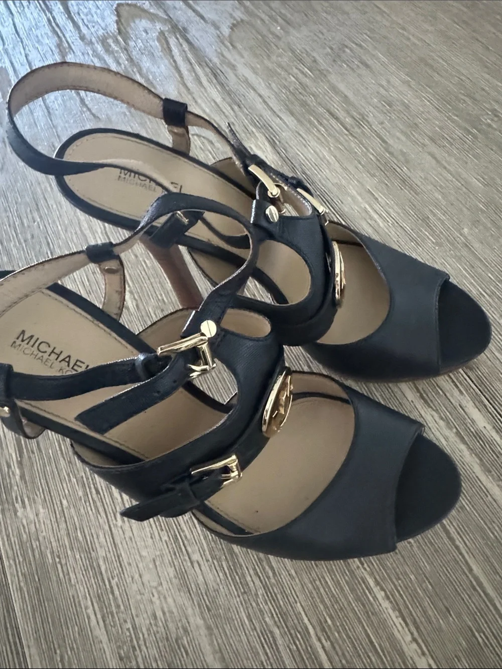 Michael Kors Black Open-Toe T-Strap Heels with Gold Hardware